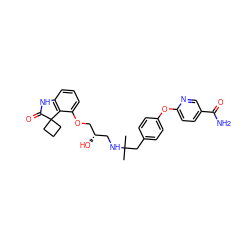 CC(C)(Cc1ccc(Oc2ccc(C(N)=O)cn2)cc1)NC[C@H](O)COc1cccc2c1C1(CCC1)C(=O)N2 ZINC000028958055