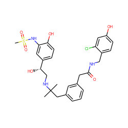 CC(C)(Cc1cccc(CC(=O)NCc2ccc(O)cc2Cl)c1)NC[C@H](O)c1ccc(O)c(NS(C)(=O)=O)c1 ZINC000064564479