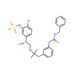 CC(C)(Cc1cccc(CC(=O)NCc2ccccc2)c1)NC[C@H](O)c1ccc(O)c(NS(C)(=O)=O)c1 ZINC000064564891