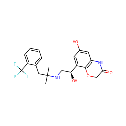 CC(C)(Cc1ccccc1C(F)(F)F)NC[C@H](O)c1cc(O)cc2c1OCC(=O)N2 ZINC000045370081