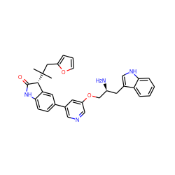 CC(C)(Cc1ccco1)[C@H]1C(=O)Nc2ccc(-c3cncc(OC[C@@H](N)Cc4c[nH]c5ccccc45)c3)cc21 ZINC000034803789