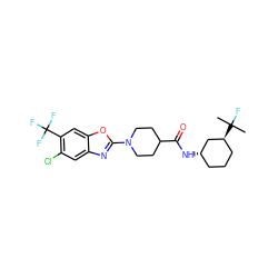 CC(C)(F)[C@H]1CCC[C@H](NC(=O)C2CCN(c3nc4cc(Cl)c(C(F)(F)F)cc4o3)CC2)C1 ZINC000095585152