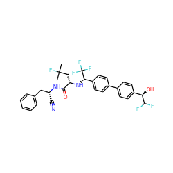 CC(C)(F)C[C@H](N[C@@H](c1ccc(-c2ccc([C@@H](O)C(F)F)cc2)cc1)C(F)(F)F)C(=O)N[C@H](C#N)Cc1ccccc1 ZINC000064549562