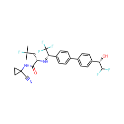 CC(C)(F)C[C@H](N[C@@H](c1ccc(-c2ccc([C@H](O)C(F)F)cc2)cc1)C(F)(F)F)C(=O)NC1(C#N)CC1 ZINC000049762119