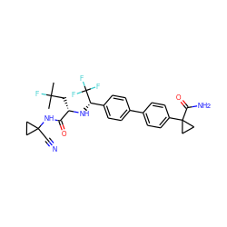 CC(C)(F)C[C@H](N[C@@H](c1ccc(-c2ccc(C3(C(N)=O)CC3)cc2)cc1)C(F)(F)F)C(=O)NC1(C#N)CC1 ZINC000049762304