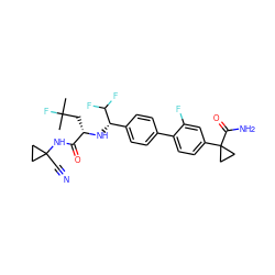 CC(C)(F)C[C@H](N[C@@H](c1ccc(-c2ccc(C3(C(N)=O)CC3)cc2F)cc1)C(F)F)C(=O)NC1(C#N)CC1 ZINC000066097342