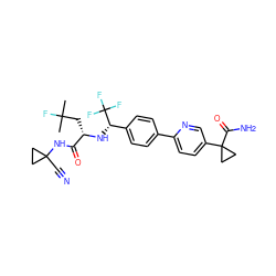 CC(C)(F)C[C@H](N[C@@H](c1ccc(-c2ccc(C3(C(N)=O)CC3)cn2)cc1)C(F)(F)F)C(=O)NC1(C#N)CC1 ZINC000049762196