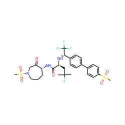 CC(C)(F)C[C@H](N[C@@H](c1ccc(-c2ccc(S(C)(=O)=O)cc2)cc1)C(F)(F)F)C(=O)N[C@@H]1CCCN(S(C)(=O)=O)CC1=O ZINC000049823110