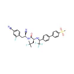 CC(C)(F)C[C@H](N[C@@H](c1ccc(-c2ccc(S(C)(=O)=O)cc2)cc1)C(F)(F)F)C(=O)N[C@H](C#N)Cc1ccc(C#N)cc1F ZINC000068247551