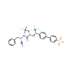 CC(C)(F)C[C@H](N[C@@H](c1ccc(-c2ccc(S(C)(=O)=O)cc2)cc1)C(F)(F)F)C(=O)N[C@H](C#N)Cc1ccccc1 ZINC000064559495