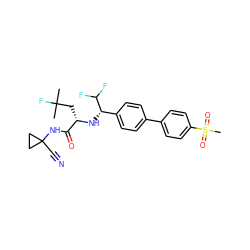 CC(C)(F)C[C@H](N[C@@H](c1ccc(-c2ccc(S(C)(=O)=O)cc2)cc1)C(F)F)C(=O)NC1(C#N)CC1 ZINC000038218180