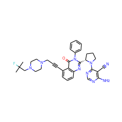 CC(C)(F)CN1CCN(CC#Cc2cccc3nc([C@@H]4CCCN4c4ncnc(N)c4C#N)n(-c4ccccc4)c(=O)c23)CC1 ZINC001772610822