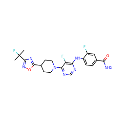 CC(C)(F)c1noc(C2CCN(c3ncnc(Nc4ccc(C(N)=O)cc4F)c3F)CC2)n1 ZINC000095557851