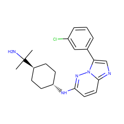 CC(C)(N)[C@H]1CC[C@H](Nc2ccc3ncc(-c4cccc(Cl)c4)n3n2)CC1 ZINC001772577693