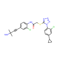 CC(C)(N)C#Cc1ccc(NC(=O)CSc2nnnn2-c2ccc(C3CC3)cc2Cl)c(Cl)c1 ZINC000028823606