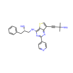 CC(C)(N)C#Cc1csc2c(NC[C@@H](N)Cc3ccccc3)nc(-c3ccncc3)nc12 ZINC000223672102