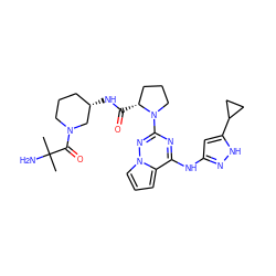 CC(C)(N)C(=O)N1CCC[C@H](NC(=O)[C@@H]2CCCN2c2nc(Nc3cc(C4CC4)[nH]n3)c3cccn3n2)C1 ZINC000143262923