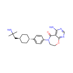 CC(C)(N)C[C@H]1CC[C@H](c2ccc(N3CCOc4ncnc(N)c4C3=O)cc2)CC1 ZINC000261070993