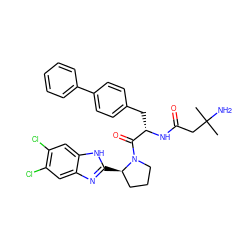 CC(C)(N)CC(=O)N[C@@H](Cc1ccc(-c2ccccc2)cc1)C(=O)N1CCC[C@H]1c1nc2cc(Cl)c(Cl)cc2[nH]1 ZINC000064548984