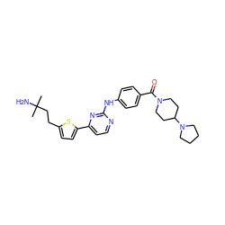 CC(C)(N)CCc1ccc(-c2ccnc(Nc3ccc(C(=O)N4CCC(N5CCCC5)CC4)cc3)n2)s1 ZINC000028566843