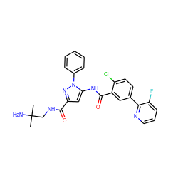 CC(C)(N)CNC(=O)c1cc(NC(=O)c2cc(-c3ncccc3F)ccc2Cl)n(-c2ccccc2)n1 ZINC001772585457