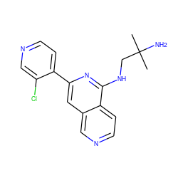 CC(C)(N)CNc1nc(-c2ccncc2Cl)cc2cnccc12 ZINC000095560388