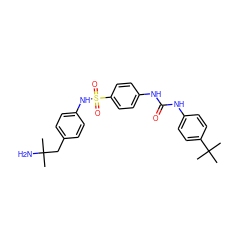 CC(C)(N)Cc1ccc(NS(=O)(=O)c2ccc(NC(=O)Nc3ccc(C(C)(C)C)cc3)cc2)cc1 ZINC000049016129