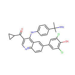 CC(C)(N)c1ccc(Nc2c(C(=O)C3CC3)cnc3ccc(-c4cc(Cl)c(O)c(Cl)c4)cc23)cc1 ZINC000114033178