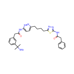 CC(C)(N)c1cccc(CC(=O)Nc2ccc(CCCCc3nnc(NC(=O)Cc4ccccc4)s3)nn2)c1 ZINC000169698663