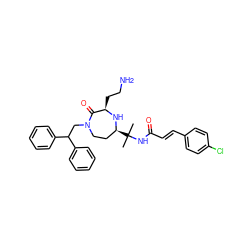 CC(C)(NC(=O)/C=C/c1ccc(Cl)cc1)[C@H]1CCN(CC(c2ccccc2)c2ccccc2)C(=O)[C@@H](CCN)N1 ZINC001772593050