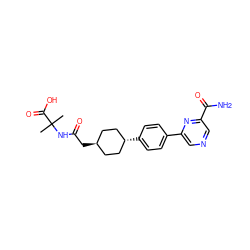 CC(C)(NC(=O)C[C@H]1CC[C@H](c2ccc(-c3cncc(C(N)=O)n3)cc2)CC1)C(=O)O ZINC000261084871