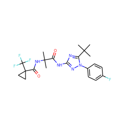 CC(C)(NC(=O)C1(C(F)(F)F)CC1)C(=O)Nc1nc(C(C)(C)C)n(-c2ccc(F)cc2)n1 ZINC000653712851