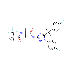 CC(C)(NC(=O)C1(C(F)(F)F)CC1)C(=O)Nc1nc(C(C)(C)c2ccc(F)cc2)n(-c2ccc(F)cc2)n1 ZINC000653712791