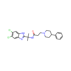 CC(C)(NC(=O)CCN1CCC(c2ccccc2)CC1)c1nc2cc(Cl)c(Cl)cc2[nH]1 ZINC000082153594