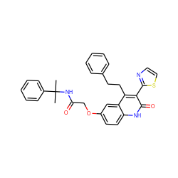 CC(C)(NC(=O)COc1ccc2[nH]c(=O)c(-c3nccs3)c(CCc3ccccc3)c2c1)c1ccccc1 ZINC000064559361