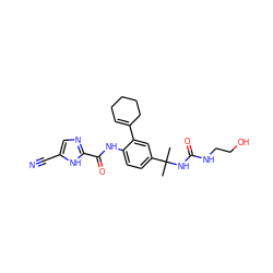 CC(C)(NC(=O)NCCO)c1ccc(NC(=O)c2ncc(C#N)[nH]2)c(C2=CCCCC2)c1 ZINC000146886749