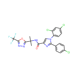 CC(C)(NC(=O)c1cn(-c2ccc(Cl)cc2Cl)c(-c2ccc(Cl)cc2)n1)c1nnc(C(F)(F)F)o1 ZINC000072113381