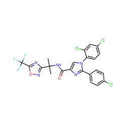 CC(C)(NC(=O)c1cn(-c2ccc(Cl)cc2Cl)c(-c2ccc(Cl)cc2)n1)c1noc(C(F)(F)F)n1 ZINC000072112938