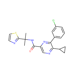 CC(C)(NC(=O)c1cnc(C2CC2)c(-c2cccc(Cl)c2)n1)c1nccs1 ZINC000207339494