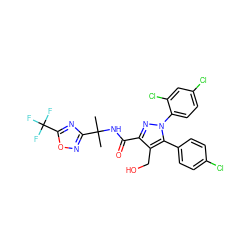 CC(C)(NC(=O)c1nn(-c2ccc(Cl)cc2Cl)c(-c2ccc(Cl)cc2)c1CO)c1noc(C(F)(F)F)n1 ZINC000072111390