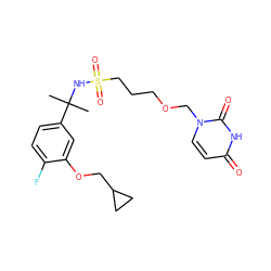 CC(C)(NS(=O)(=O)CCCOCn1ccc(=O)[nH]c1=O)c1ccc(F)c(OCC2CC2)c1 ZINC000116098200