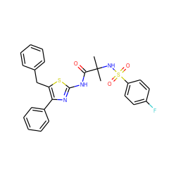 CC(C)(NS(=O)(=O)c1ccc(F)cc1)C(=O)Nc1nc(-c2ccccc2)c(Cc2ccccc2)s1 ZINC000118617718