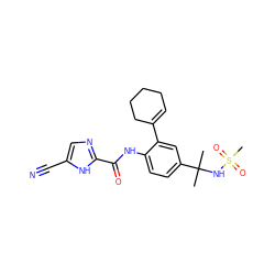 CC(C)(NS(C)(=O)=O)c1ccc(NC(=O)c2ncc(C#N)[nH]2)c(C2=CCCCC2)c1 ZINC000146879573