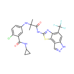 CC(C)(Nc1ccc(Cl)c(C(=O)NC2CC2)c1)C(=O)Nc1nc2c(C(F)(F)F)cc3[nH]ncc3c2s1 ZINC000115722341