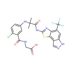 CC(C)(Nc1ccc(Cl)c(C(=O)NCC(=O)O)c1)C(=O)Nc1nc2c(C(F)(F)F)cc3[nH]ncc3c2s1 ZINC000115720234