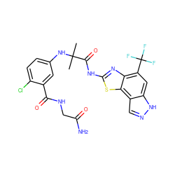 CC(C)(Nc1ccc(Cl)c(C(=O)NCC(N)=O)c1)C(=O)Nc1nc2c(C(F)(F)F)cc3[nH]ncc3c2s1 ZINC000115722041