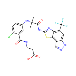 CC(C)(Nc1ccc(Cl)c(C(=O)NCCC(=O)O)c1)C(=O)Nc1nc2c(C(F)(F)F)cc3[nH]ncc3c2s1 ZINC000115720386