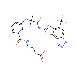 CC(C)(Nc1ccc(Cl)c(C(=O)NCCCC(=O)O)c1)C(=O)Nc1nc2c(C(F)(F)F)cc3[nH]ncc3c2s1 ZINC000115721977