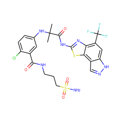 CC(C)(Nc1ccc(Cl)c(C(=O)NCCCS(N)(=O)=O)c1)C(=O)Nc1nc2c(C(F)(F)F)cc3[nH]ncc3c2s1 ZINC000202050305