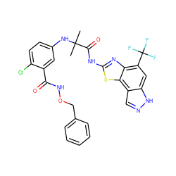 CC(C)(Nc1ccc(Cl)c(C(=O)NOCc2ccccc2)c1)C(=O)Nc1nc2c(C(F)(F)F)cc3[nH]ncc3c2s1 ZINC000202051537